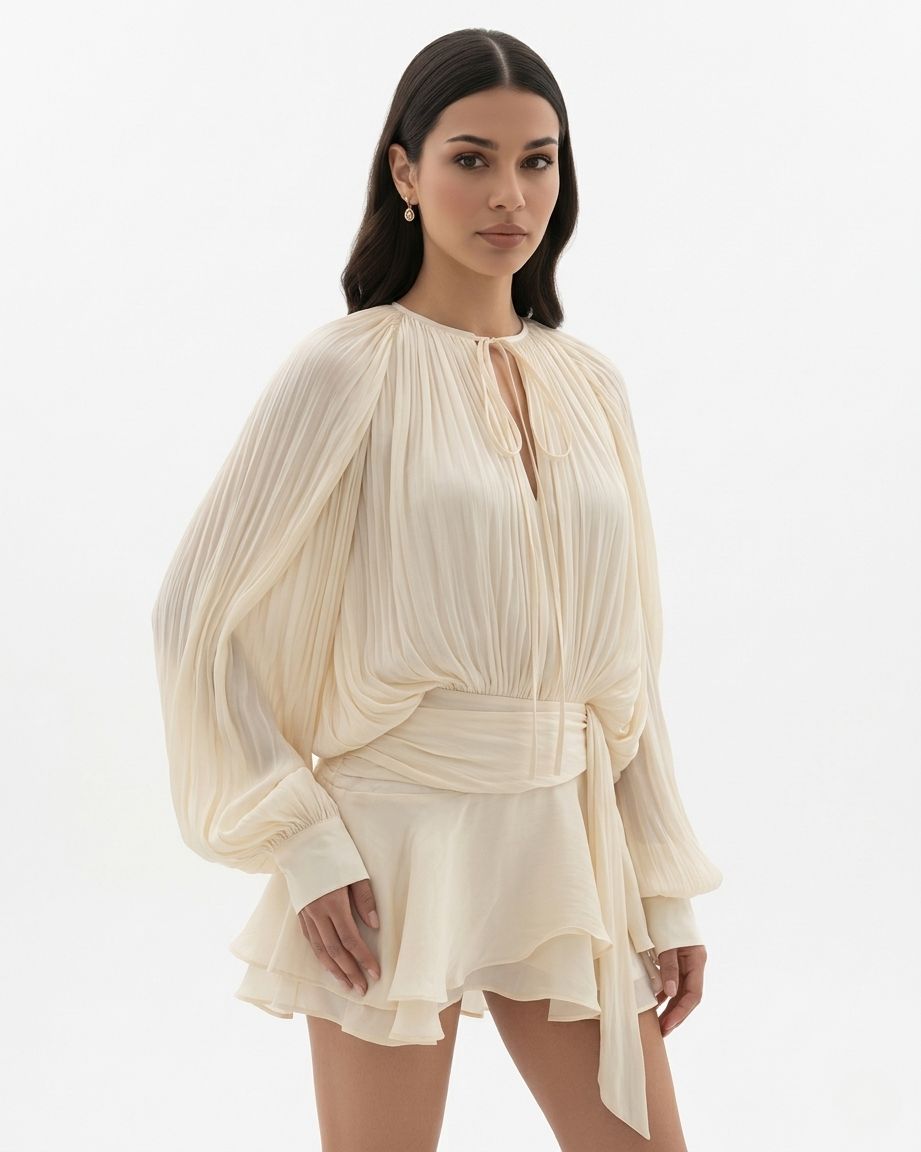 Mini Dress Tie Neck Long Sleeve Pleated Ruffle Hem