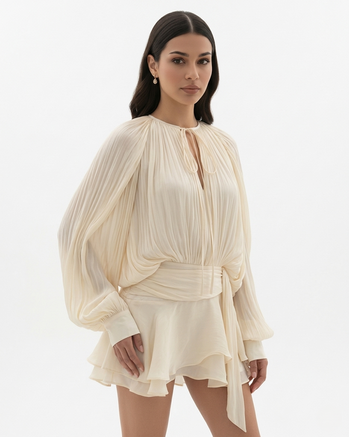 Mini Dress Tie Neck Long Sleeve Pleated Ruffle Hem