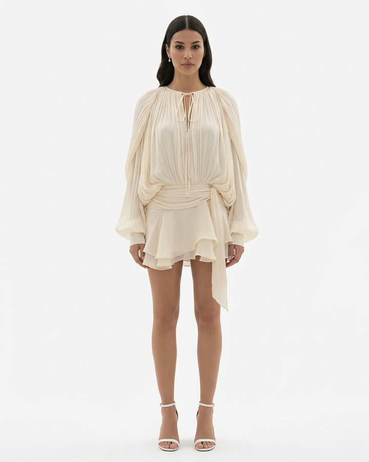 Mini Dress Tie Neck Long Sleeve Pleated Ruffle Hem