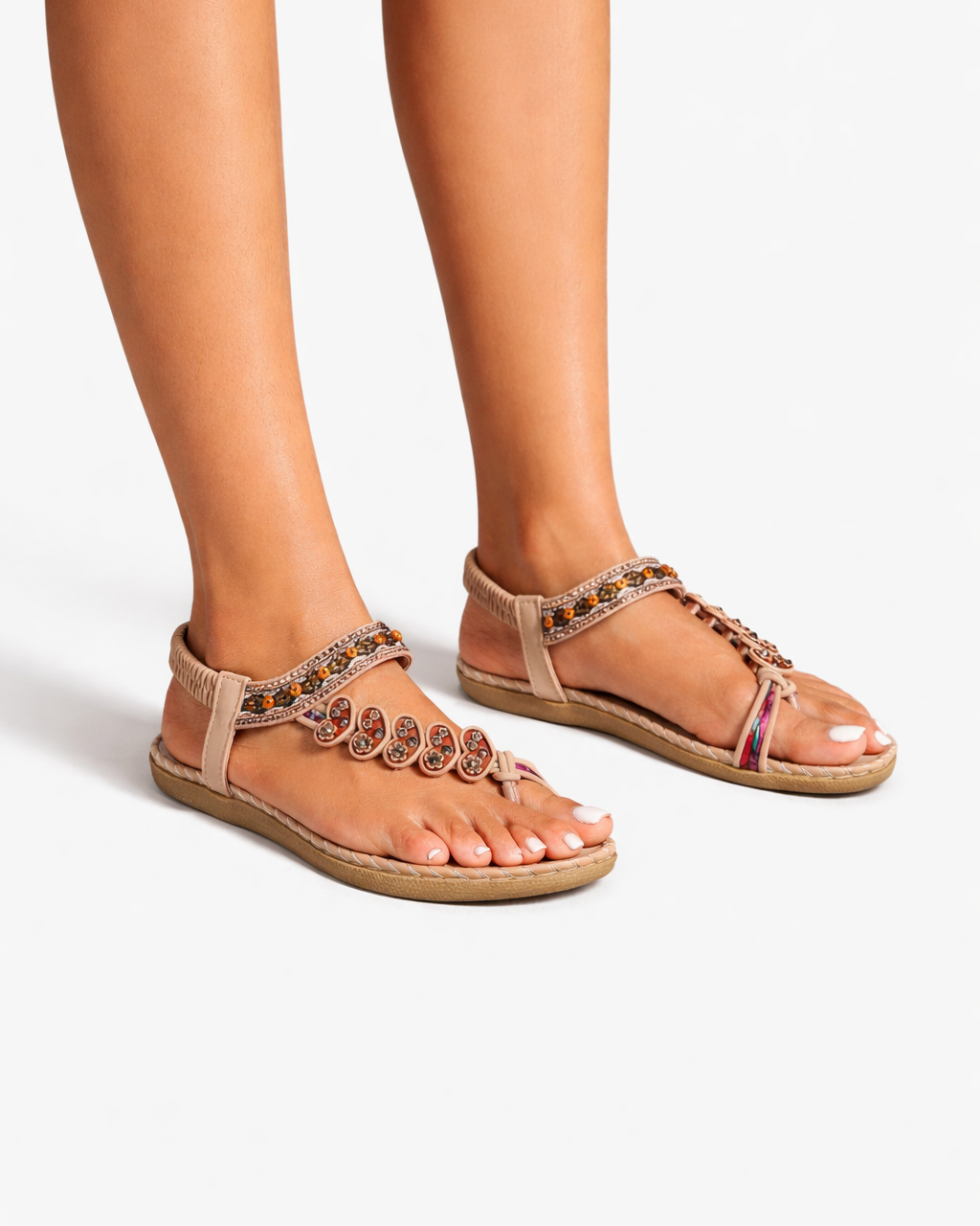 Thong Sandals Beaded Flower Elastic Ankle Strap Slip On