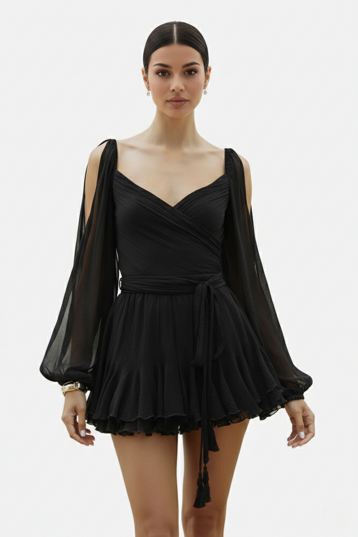 Chiffon Puff Sleeve Lace-Up Back Ruffle Mini Dress