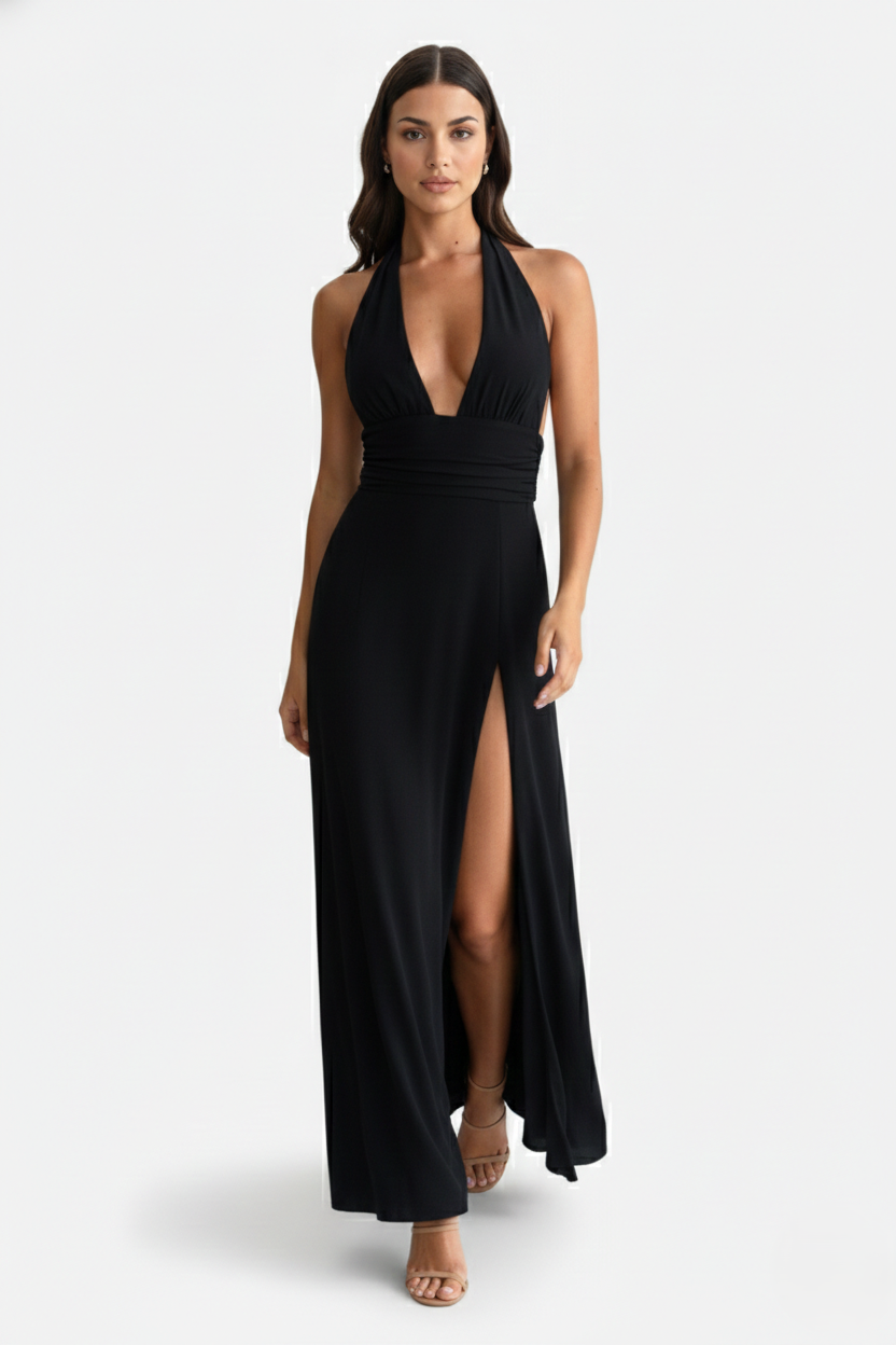 Halter V-Neck Cross Back Bow Tie High Thigh Slit Maxi Dress