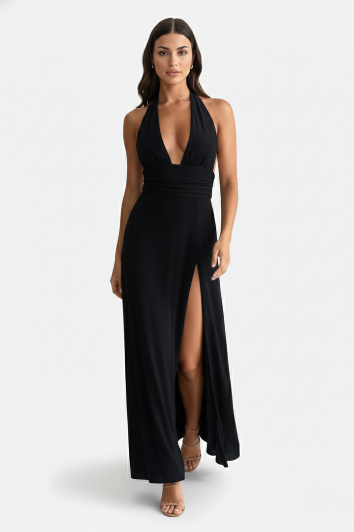 Halter V-Neck Cross Back Bow Tie High Thigh Slit Maxi Dress