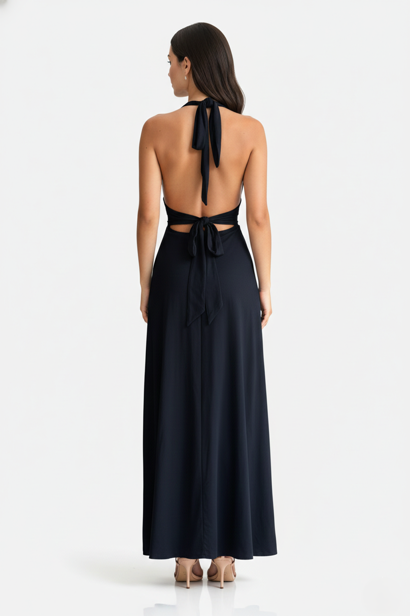 Halter V-Neck Cross Back Bow Tie High Thigh Slit Maxi Dress