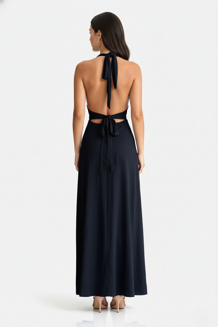 Halter V-Neck Cross Back Bow Tie High Thigh Slit Maxi Dress