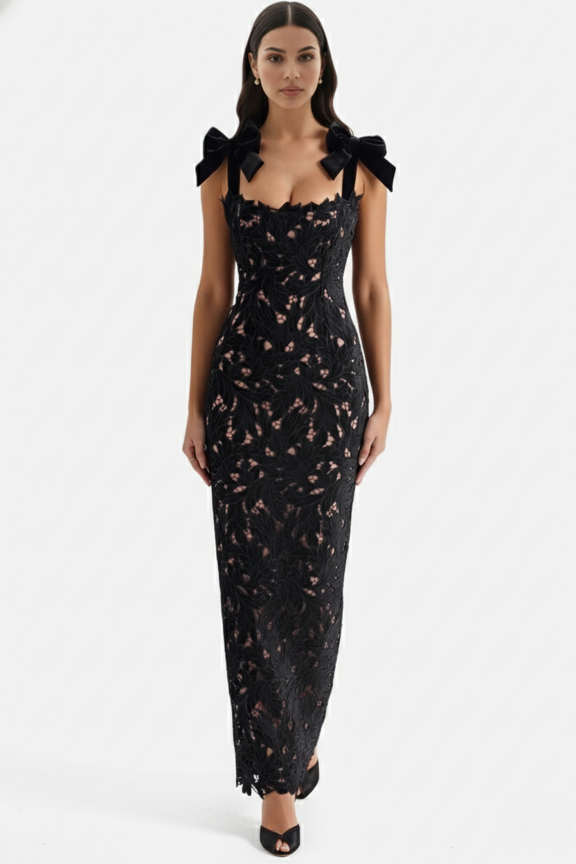 Lace Cutwork Bow Shoulder Bodycon Scalloped Hem Maxi Dress