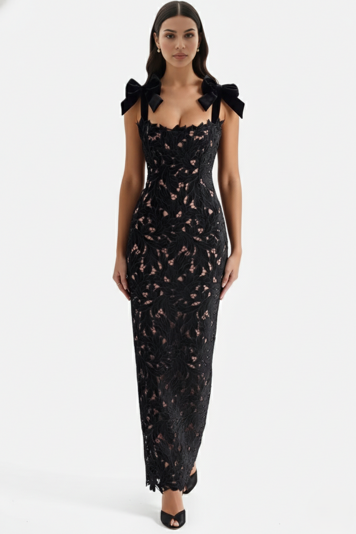 Lace Cutwork Bow Shoulder Bodycon Scalloped Hem Maxi Dress