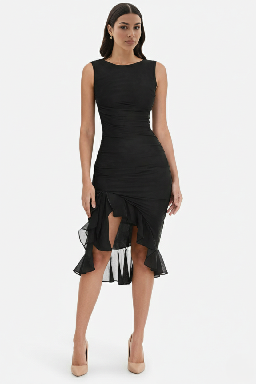 Ruched Sleeveless Bodycon Midi Dress Ruffle Side Slit