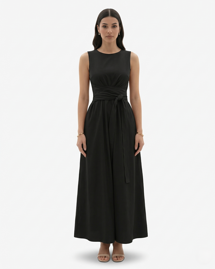 Sleeveless Maxi Dress Crew Neck Tie Waist A Line Dress with Pockets