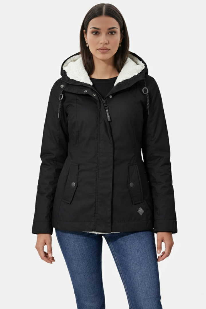 Waterproof Zip-Up Jacket with Fleece-Trim Hood and Pockets