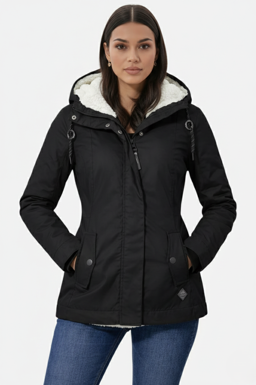 Waterproof Zip-Up Jacket with Fleece-Trim Hood and Pockets