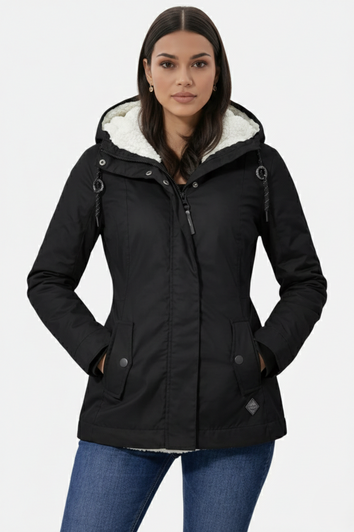 Waterproof Zip-Up Jacket with Fleece-Trim Hood and Pockets