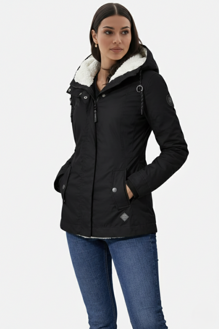 Waterproof Zip-Up Jacket with Fleece-Trim Hood and Pockets