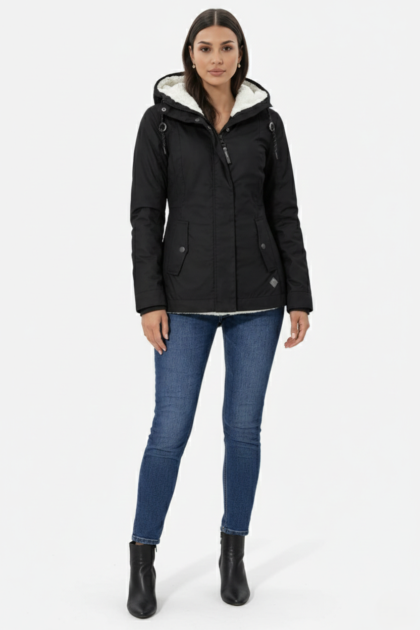 Waterproof Zip-Up Jacket with Fleece-Trim Hood and Pockets