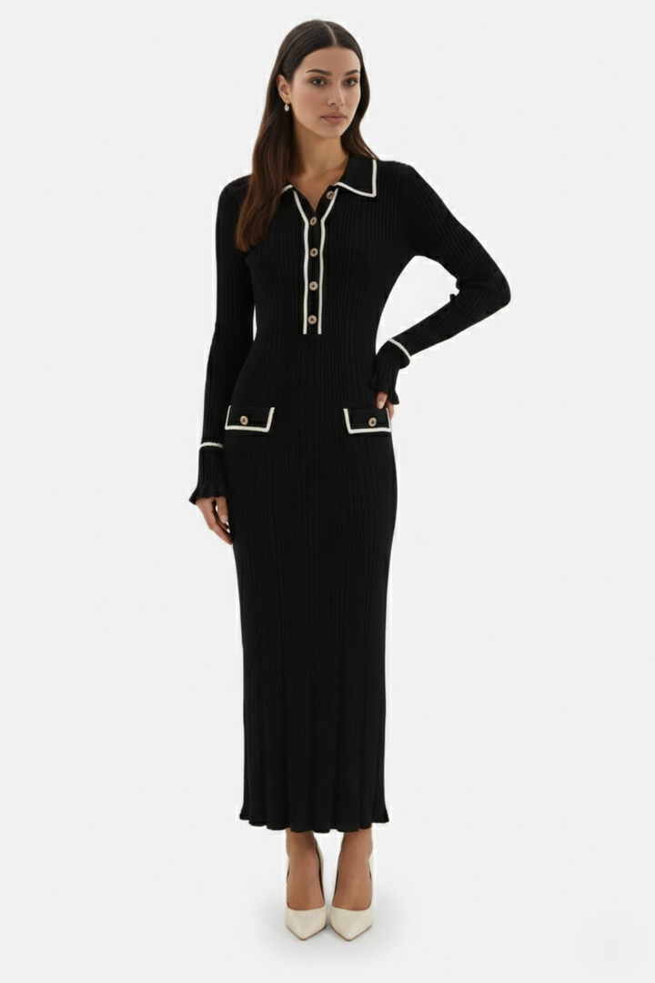 Knitted Polo Maxi Dress with Contrast Trim and Long Sleeves