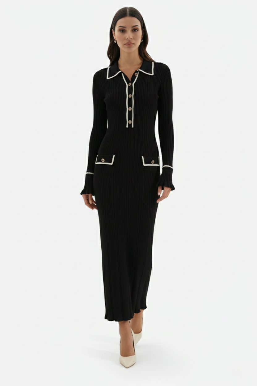 Knitted Polo Maxi Dress with Contrast Trim and Long Sleeves