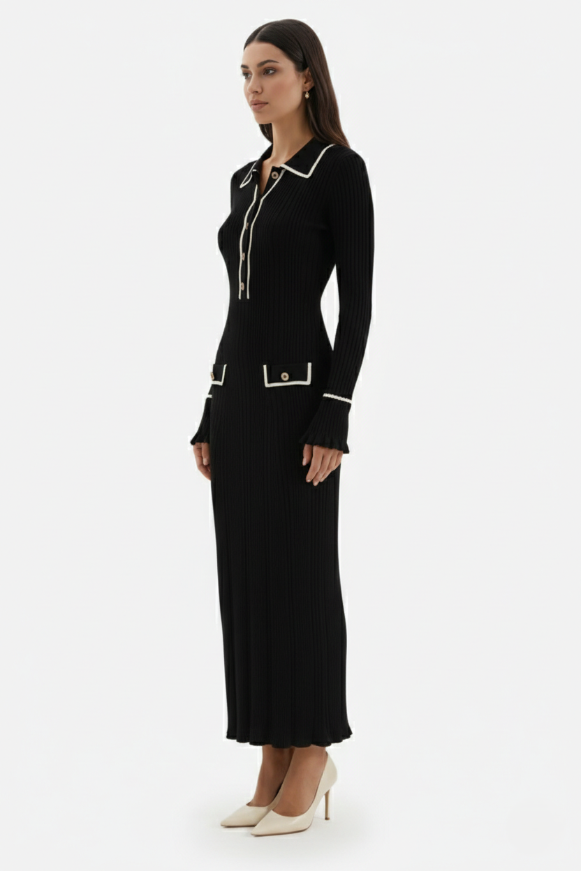 Knitted Polo Maxi Dress with Contrast Trim and Long Sleeves