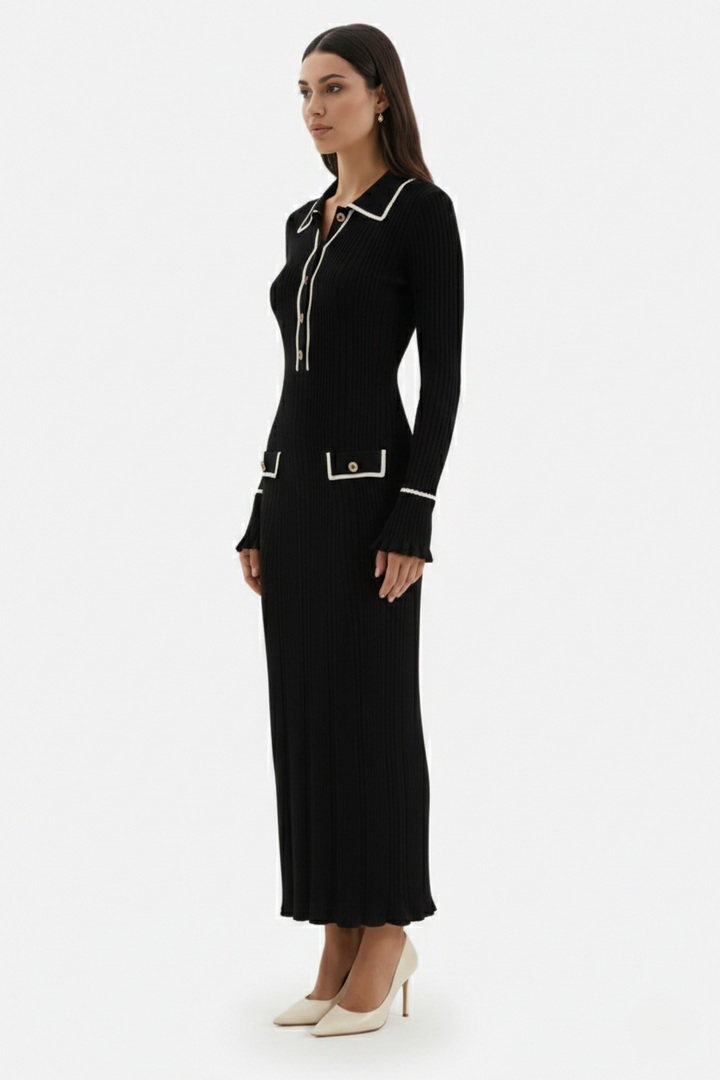 Knitted Polo Maxi Dress with Contrast Trim and Long Sleeves