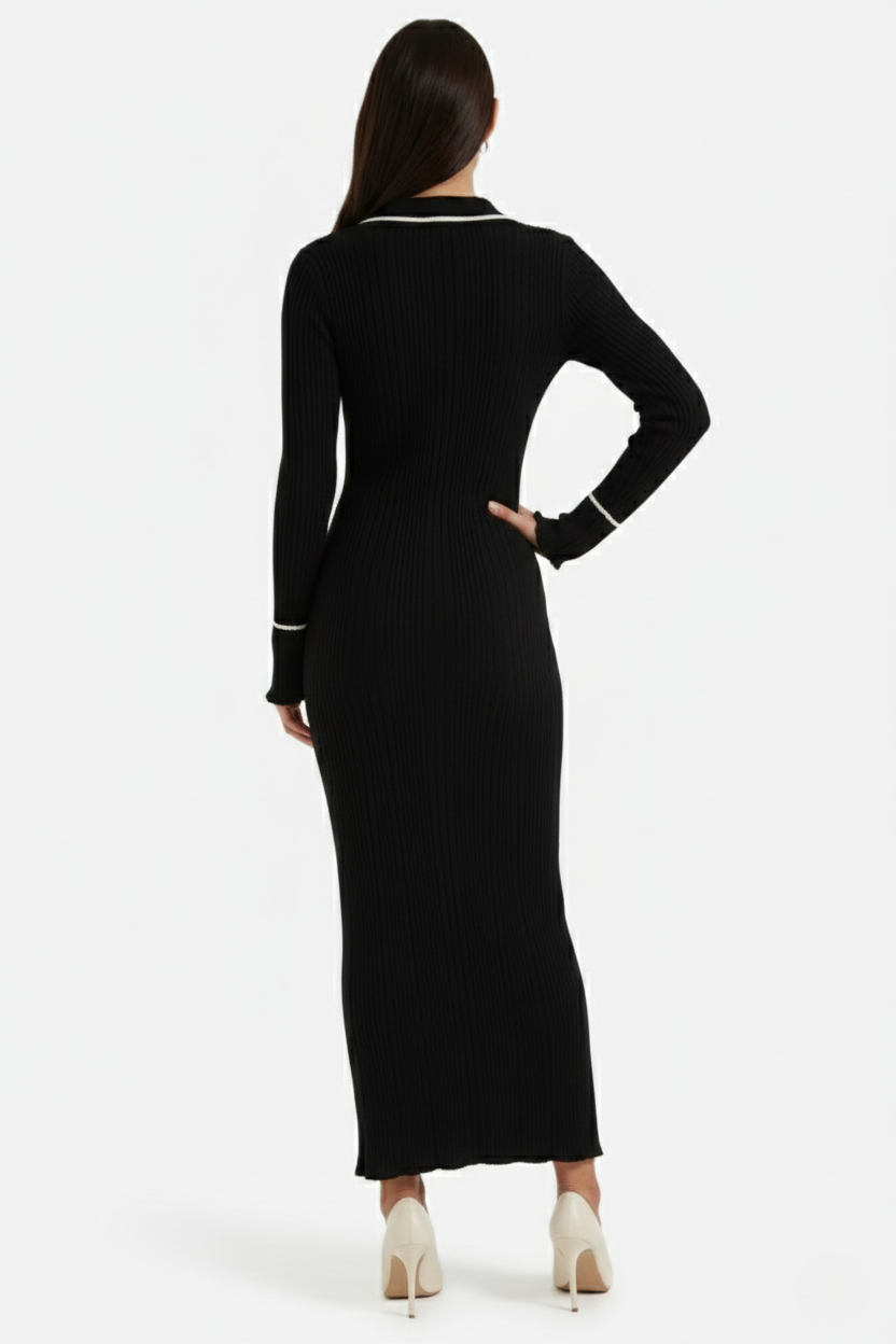Knitted Polo Maxi Dress with Contrast Trim and Long Sleeves