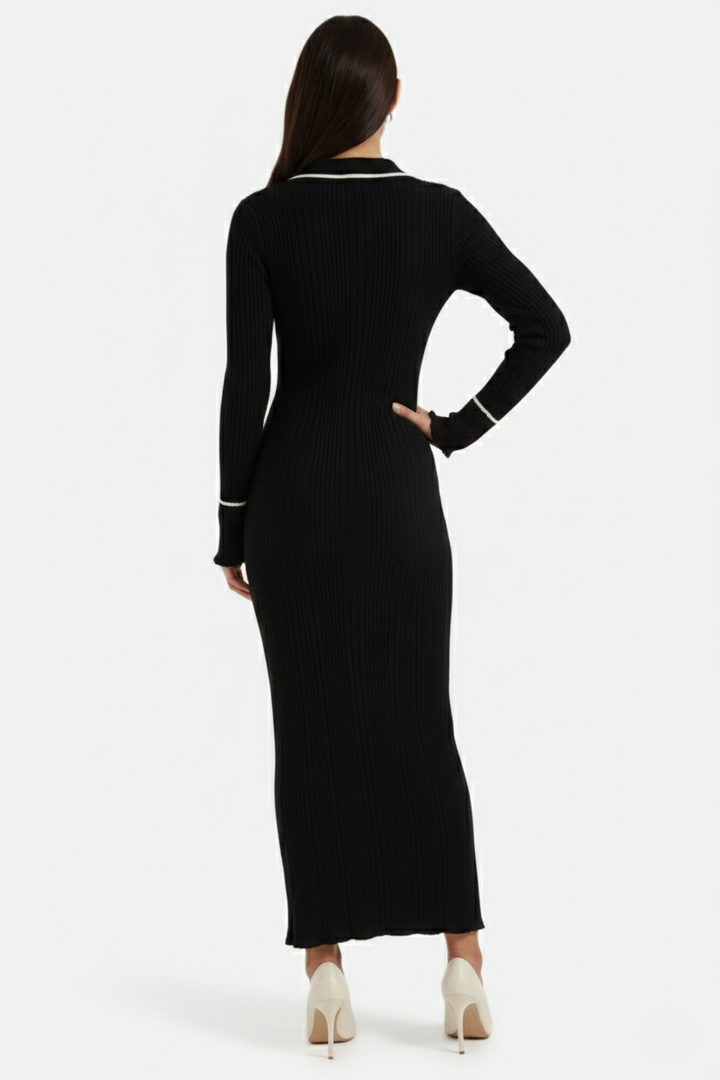 Knitted Polo Maxi Dress with Contrast Trim and Long Sleeves
