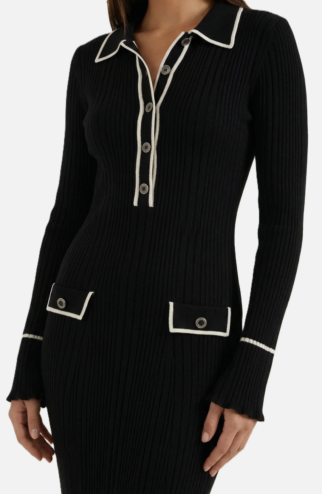 Knitted Polo Maxi Dress with Contrast Trim and Long Sleeves