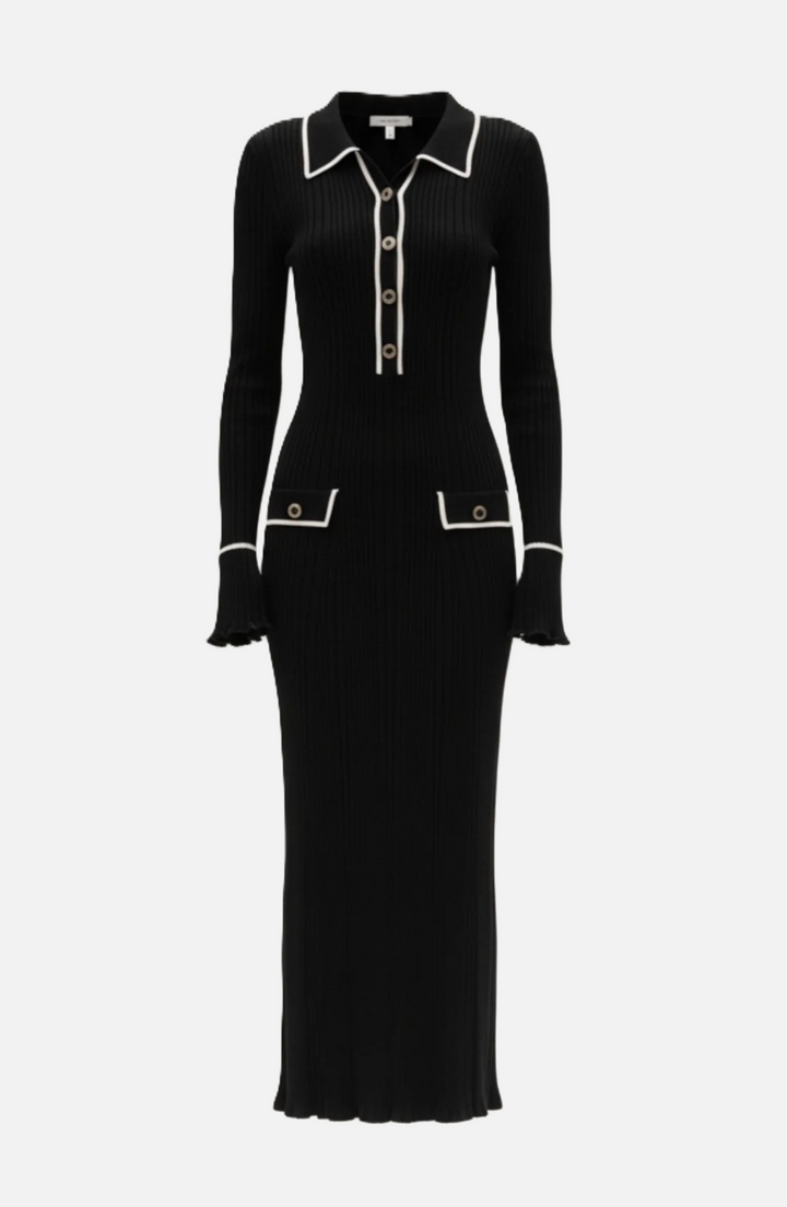Knitted Polo Maxi Dress with Contrast Trim and Long Sleeves