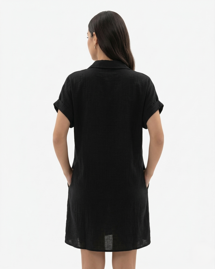 Button Down Shirt Dress Collared Rolled Cuff Sleeve with Pockets