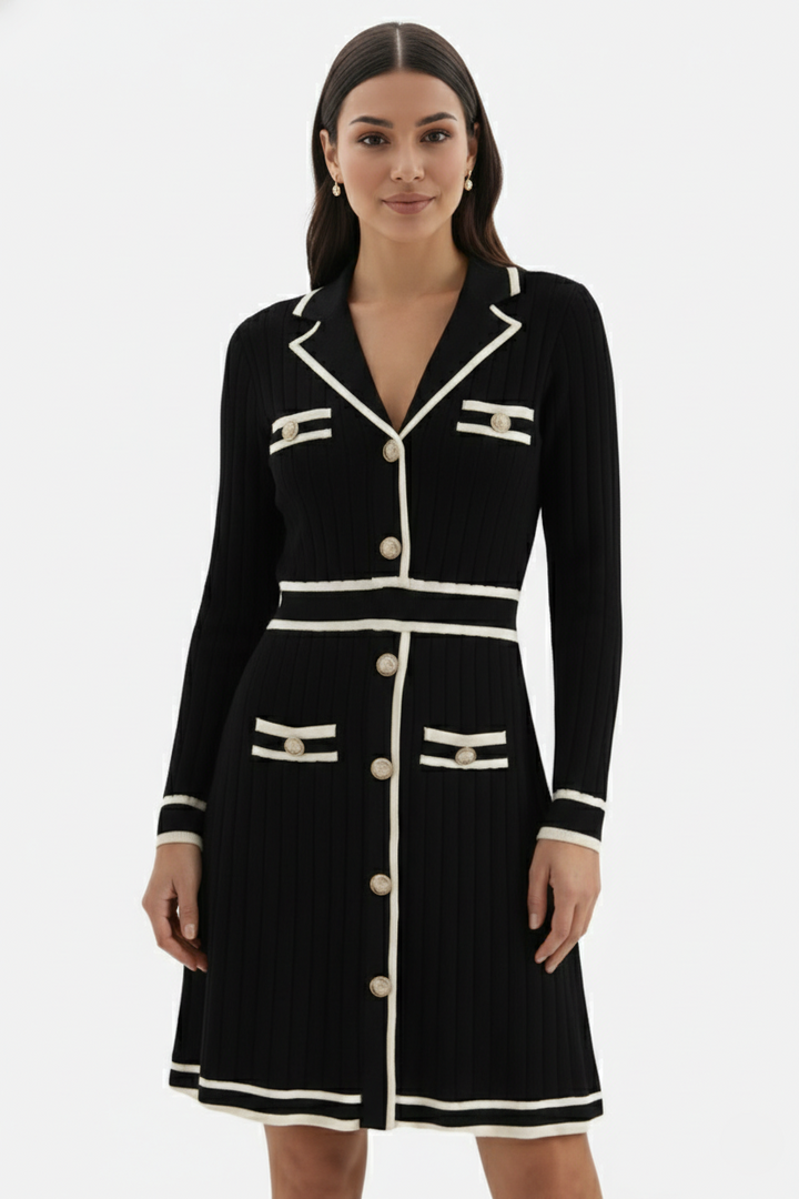 Contrast Trim Knit Cardigan Dress Long Sleeve Button Down with Metallic Buttons