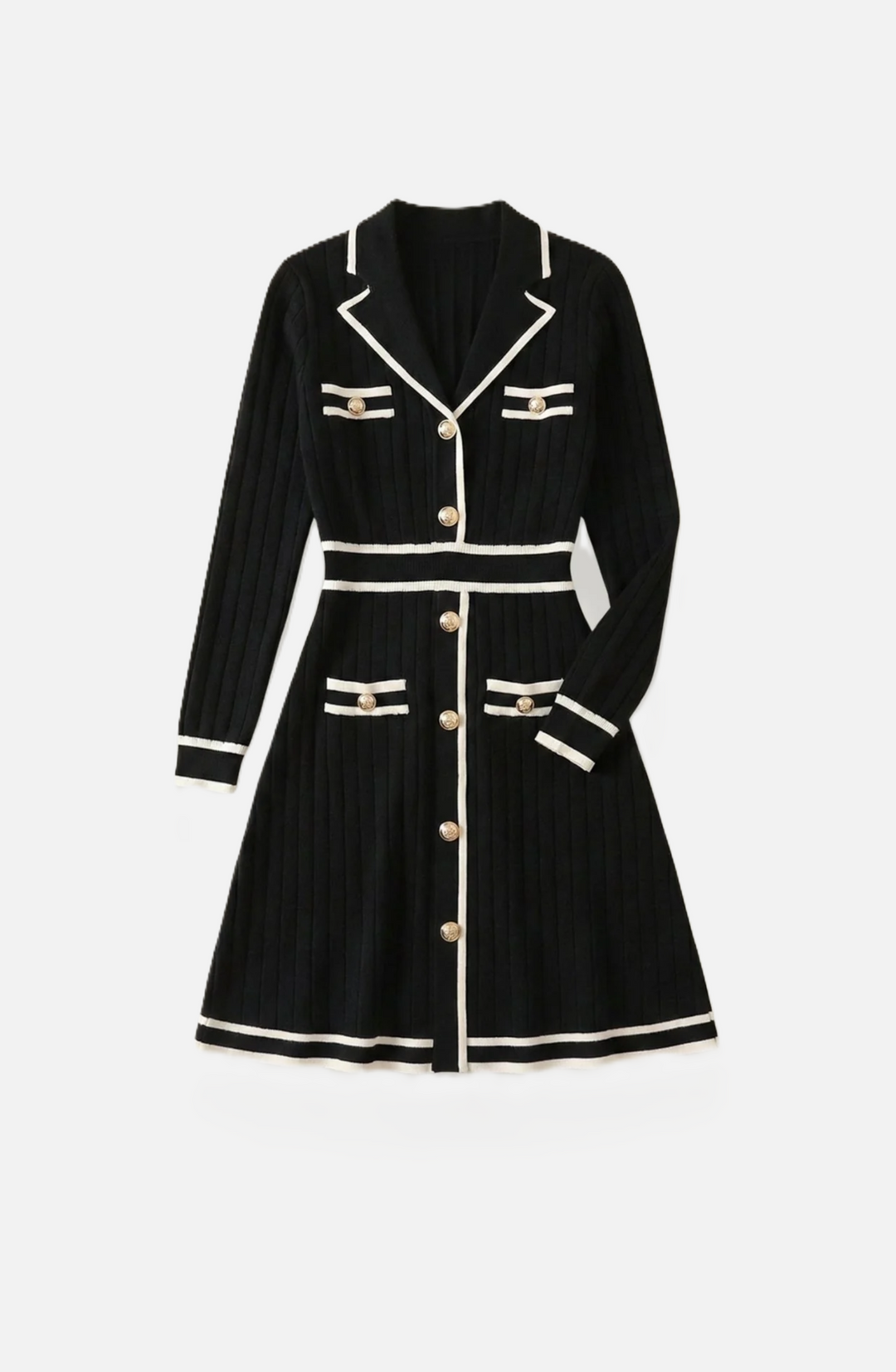 Contrast Trim Knit Cardigan Dress Long Sleeve Button Down with Metallic Buttons
