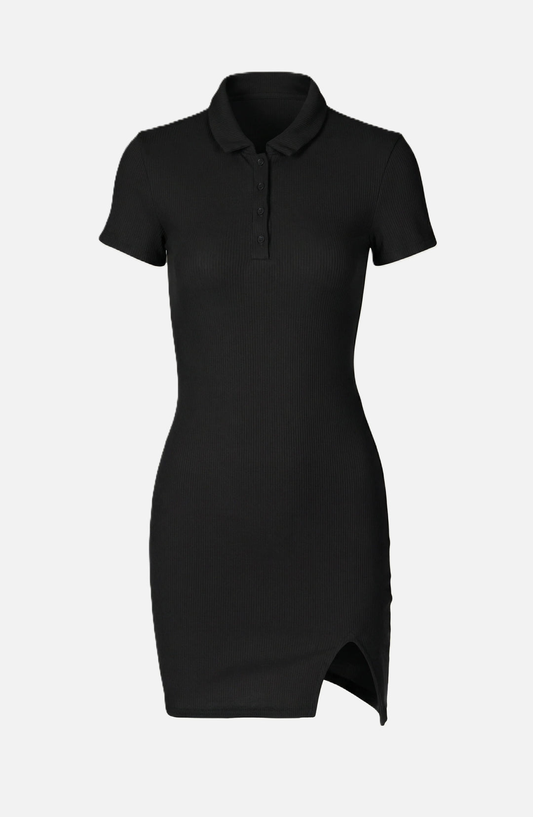 Ribbed Polo Mini Dress Slim Fit Button Front with Side Slit