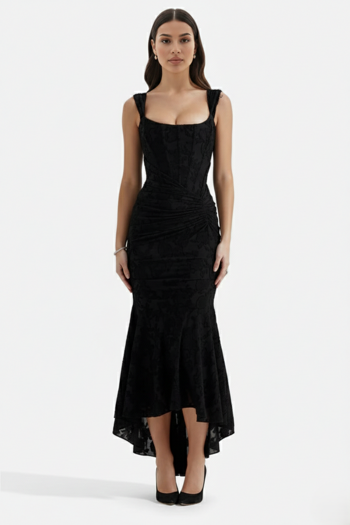 Corset Mermaid Maxi Dress Ruched Draped Wide Straps