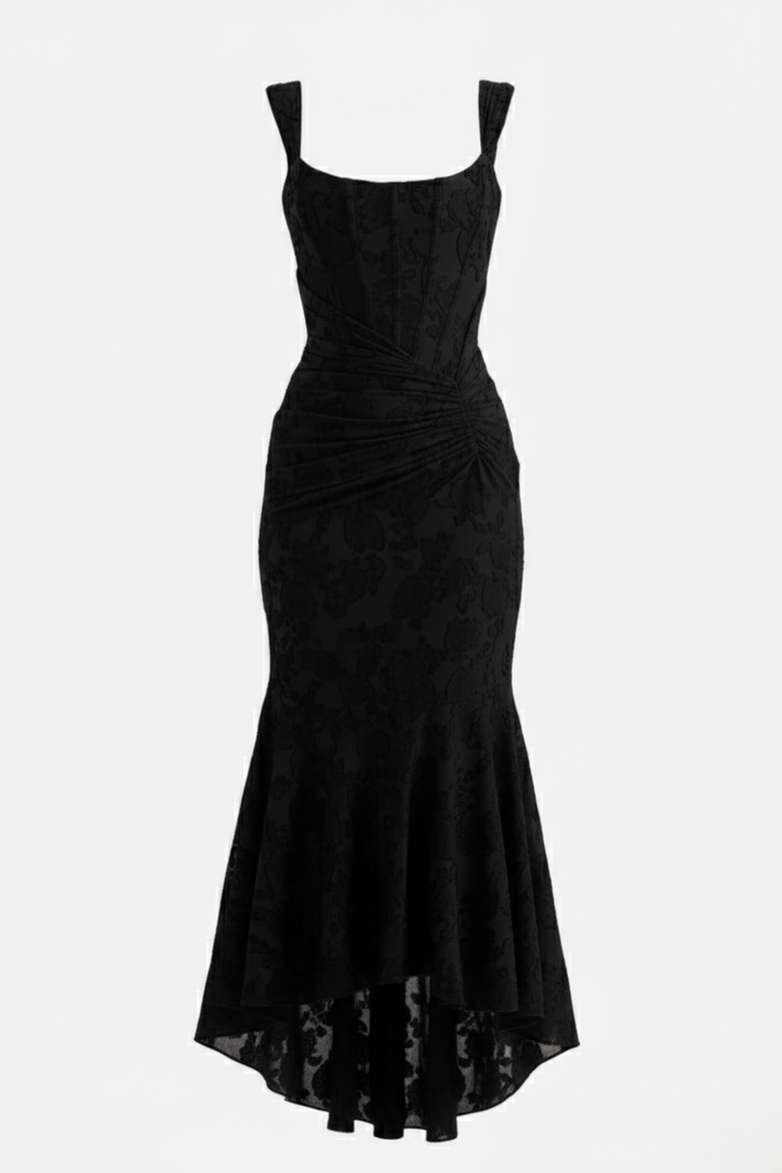 Corset Mermaid Maxi Dress Ruched Draped Wide Straps