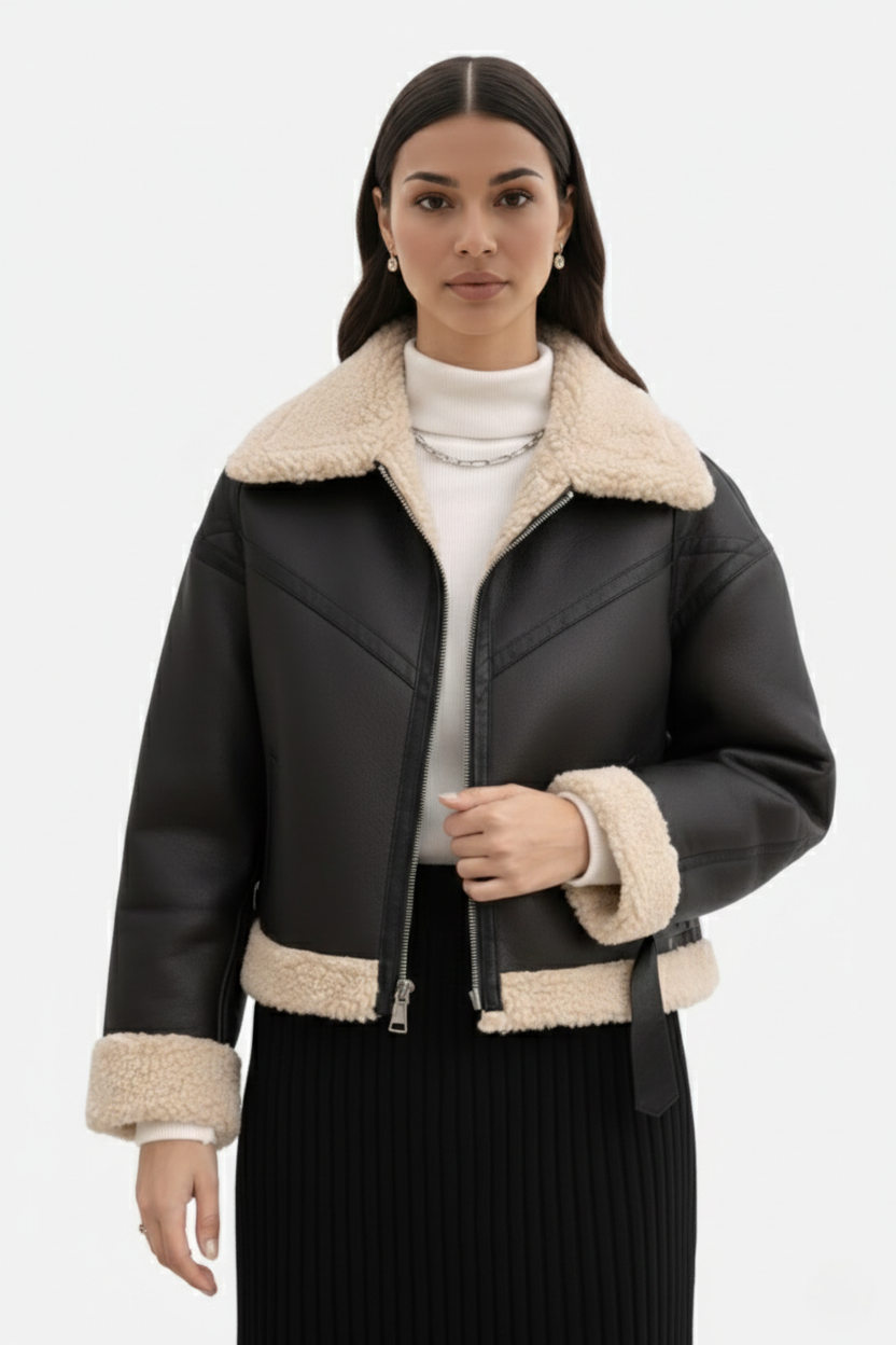 Cropped Faux Leather Aviator Jacket Shearling Lined Buckle Strap Zip Front