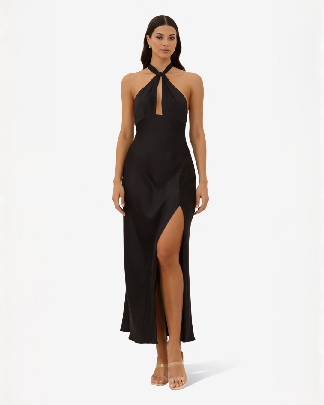 Crossover Halter Satin Maxi Dress Keyhole Side Slit