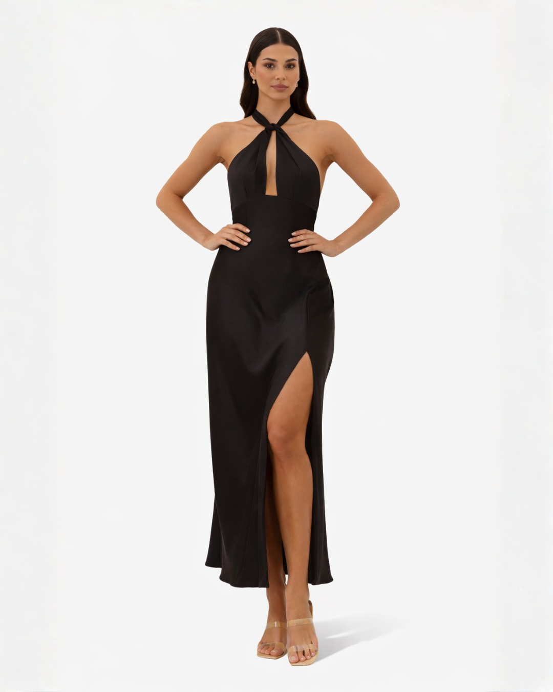 Crossover Halter Satin Maxi Dress Keyhole Side Slit