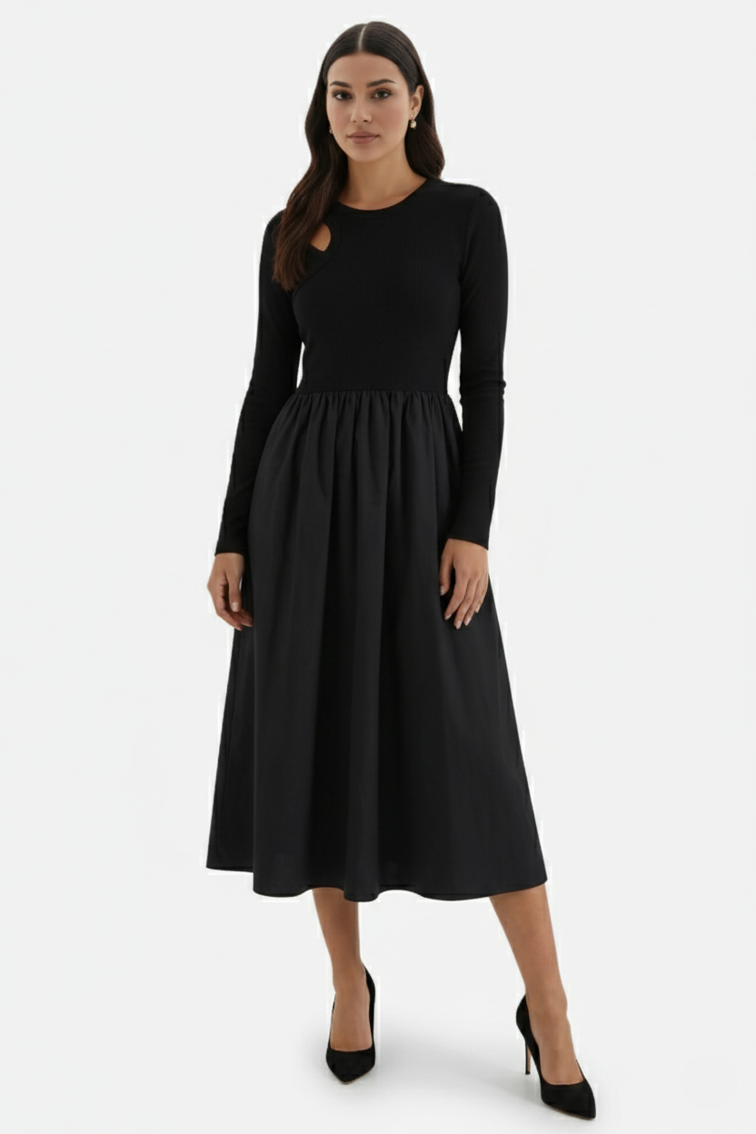 Midi Dress Mixed Media Shoulder Cutout Long Sleeve Fit and Flare