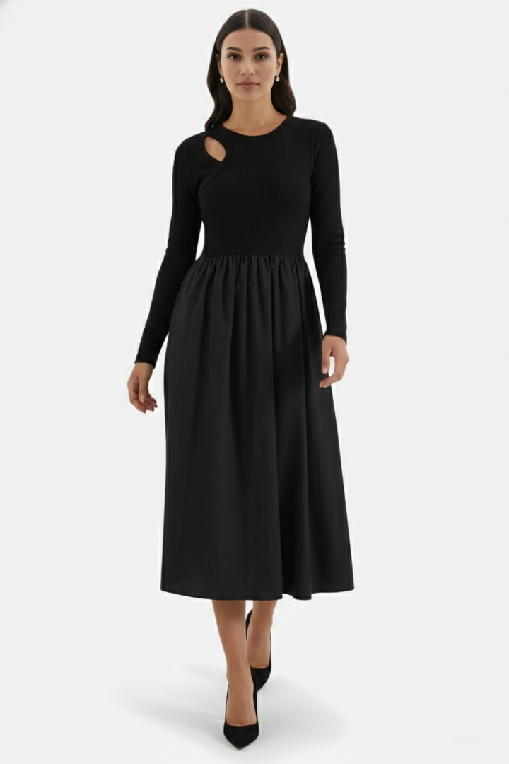 Midi Dress Mixed Media Shoulder Cutout Long Sleeve Fit and Flare