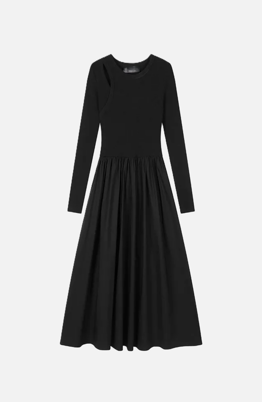 Midi Dress Mixed Media Shoulder Cutout Long Sleeve Fit and Flare