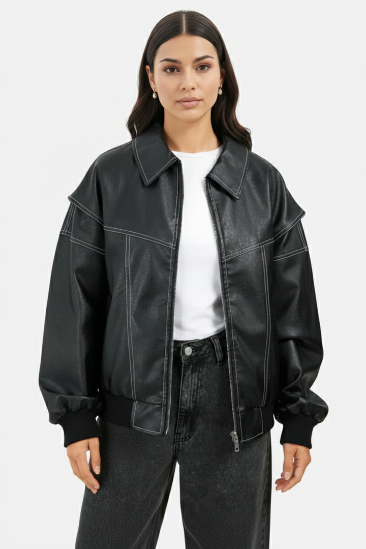 Faux Leather Zip Up Bomber Jacket with Ribbed Cuffs