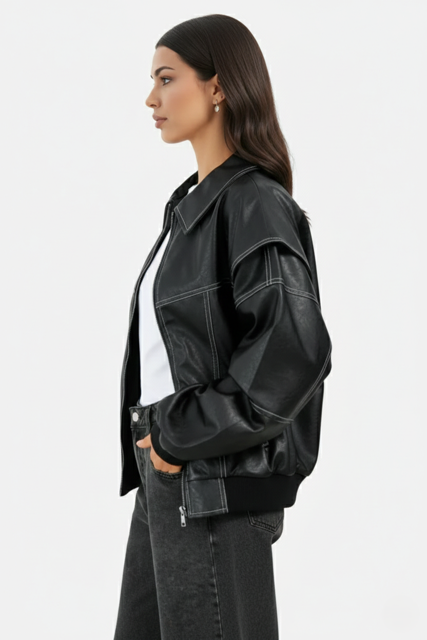 Faux Leather Zip Up Bomber Jacket with Ribbed Cuffs