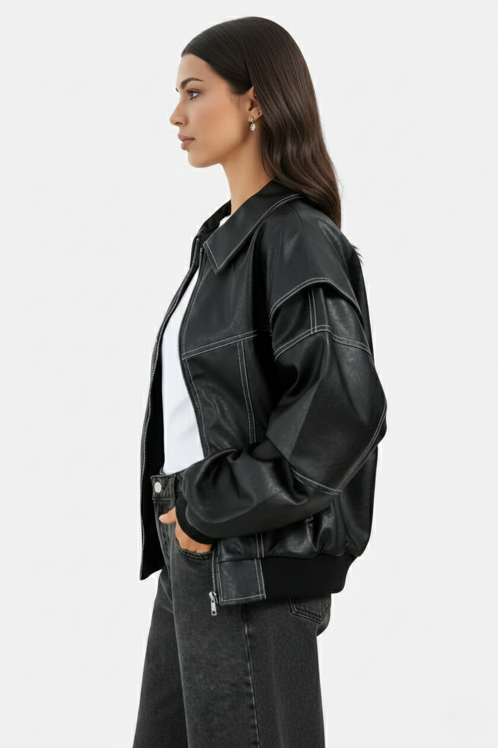Faux Leather Zip Up Bomber Jacket with Ribbed Cuffs