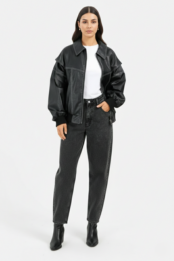 Faux Leather Zip Up Bomber Jacket with Ribbed Cuffs