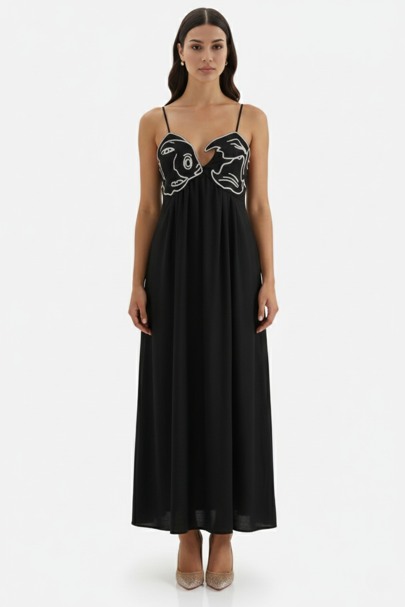 Summer Linen Dress Embroidered Fish Bodice A-Line with Spaghetti Straps