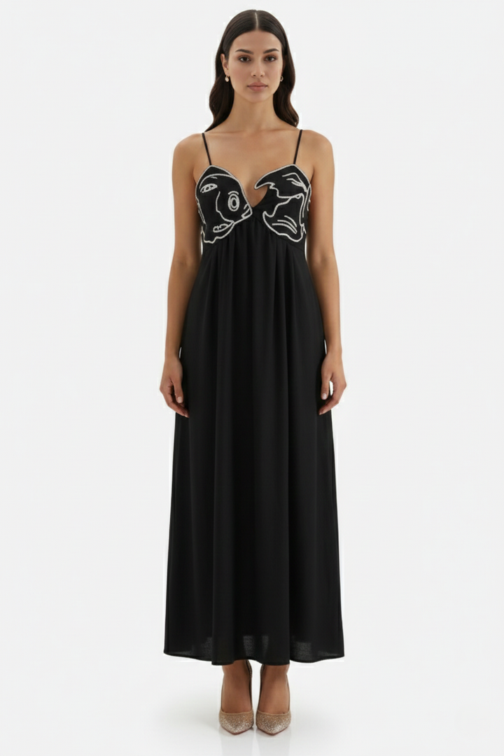 Summer Linen Dress Embroidered Fish Bodice A-Line with Spaghetti Straps