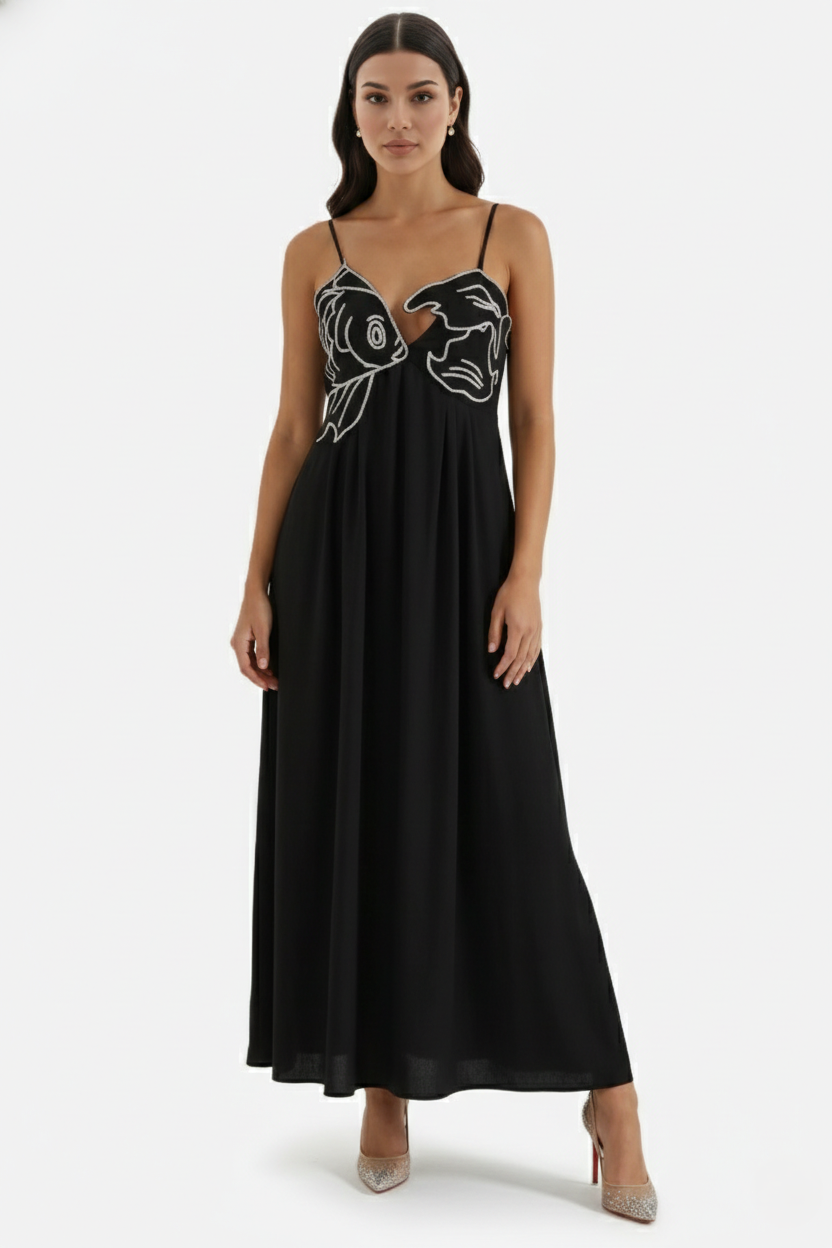 Summer Linen Dress Embroidered Fish Bodice A-Line with Spaghetti Straps