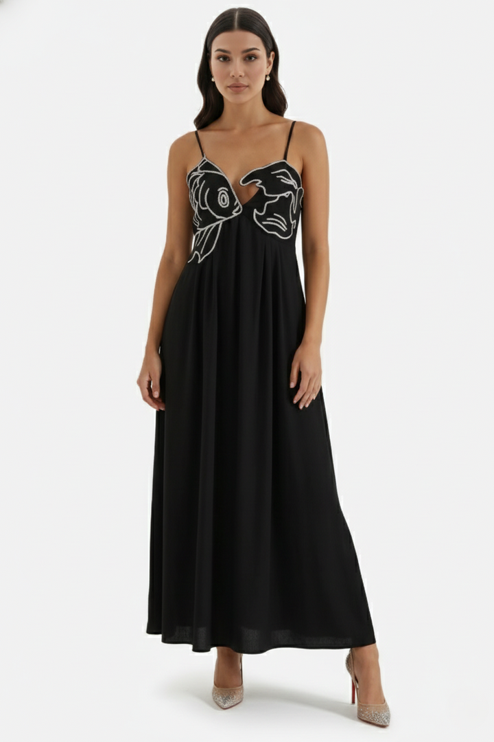 Summer Linen Dress Embroidered Fish Bodice A-Line with Spaghetti Straps