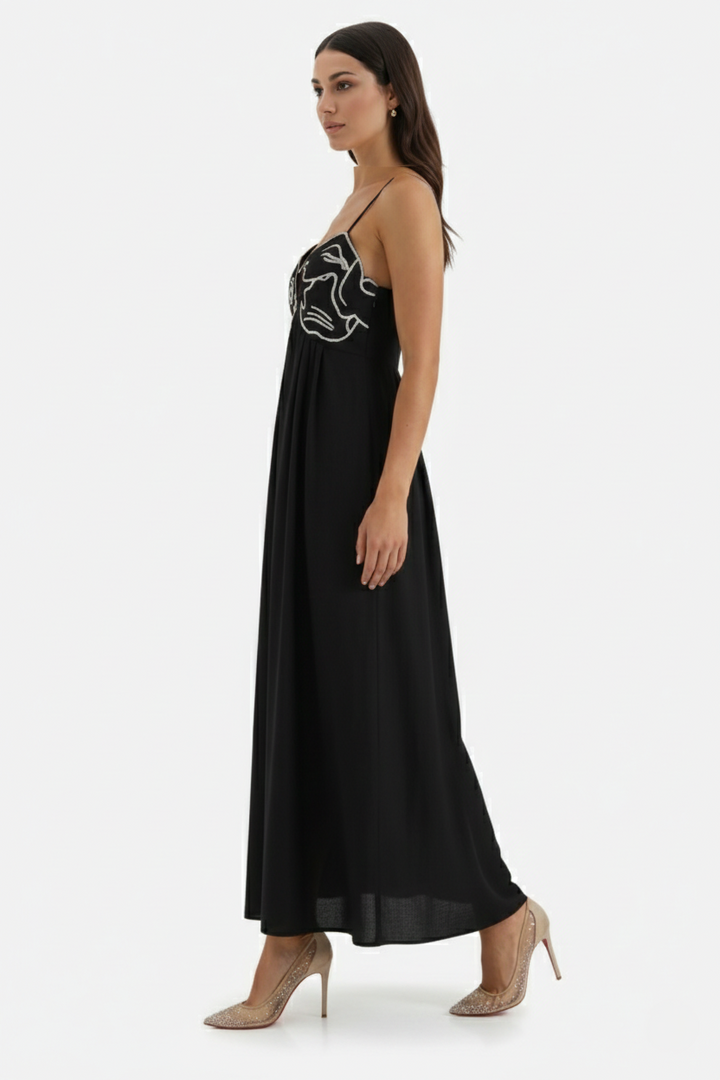 Summer Linen Dress Embroidered Fish Bodice A-Line with Spaghetti Straps