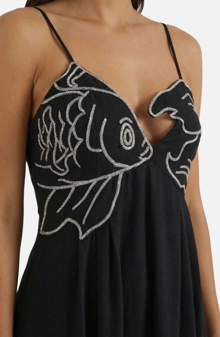 Summer Linen Dress Embroidered Fish Bodice A-Line with Spaghetti Straps