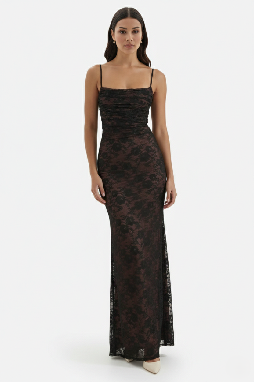 Floral Lace Maxi Dress with Lace-Up Back and Long Sleeve Shrug