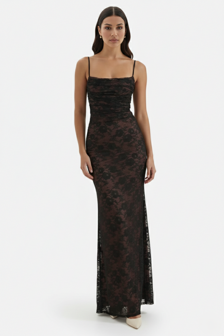 Floral Lace Maxi Dress with Lace-Up Back and Long Sleeve Shrug